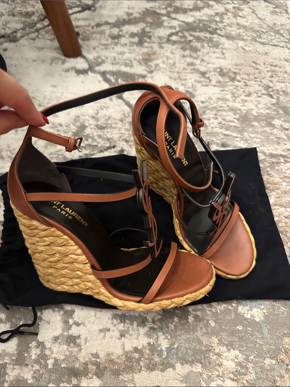 Authentic Saint Laurent Tan Leather Espadrille Wedge Sandals